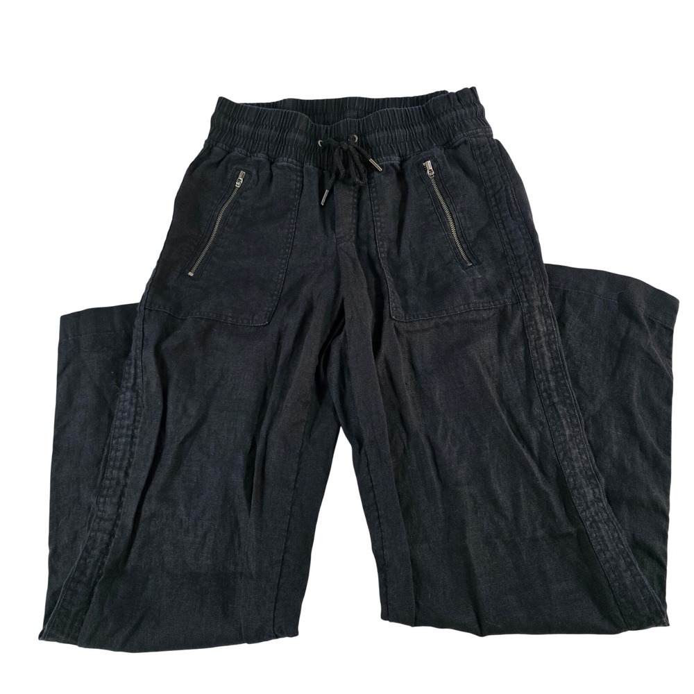 Athleta Women Black 100% Linen Wide Leg Smocked Waist Drawstring Pants Size 2